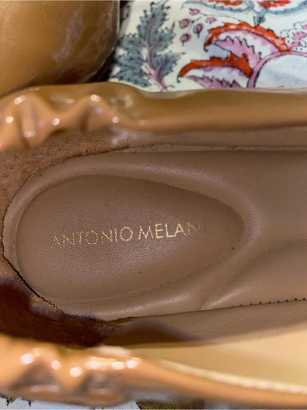 ANTONIO MELANI Patent Tan Square-Toe Ballet Flats